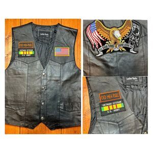 Leather Works USA Motorcycle Riding Vest Snap With Patches Size L Harley POW MIA
